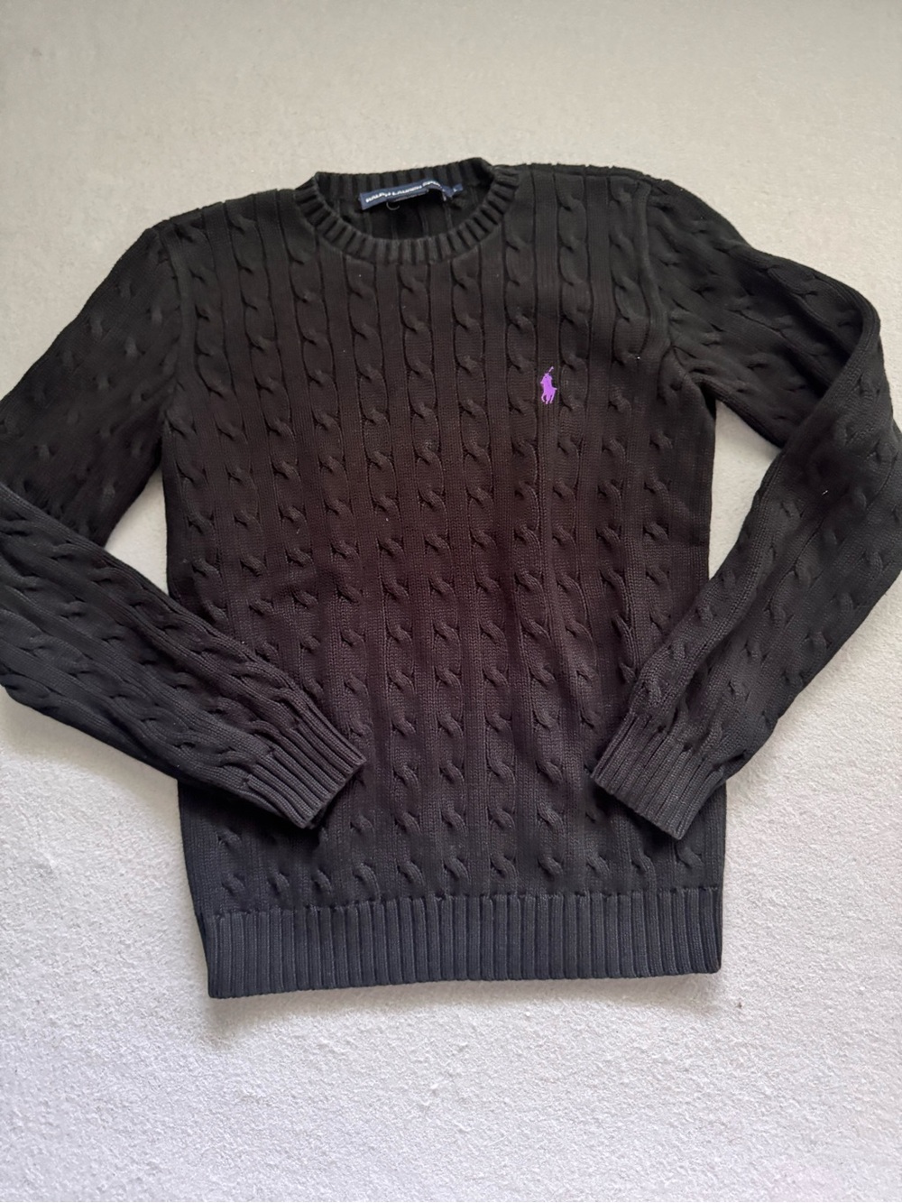 Ralph Lauren Black Cable-Knit Crewneck Sweater with Purple Pony